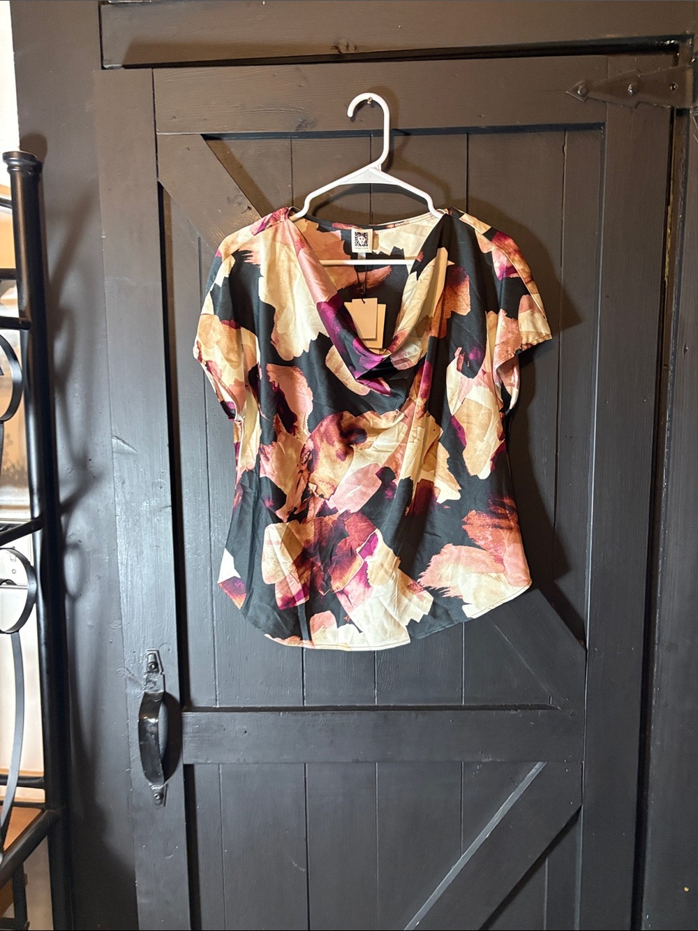 Anne Klein Black Floral Cowl-Neck Blouse with Cream & Pink Accents